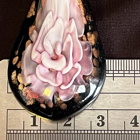 3D Pink Flower Dichroic Glass Pendant • Black & Gold • Sterling Italian Chain - Picture 8 of 14